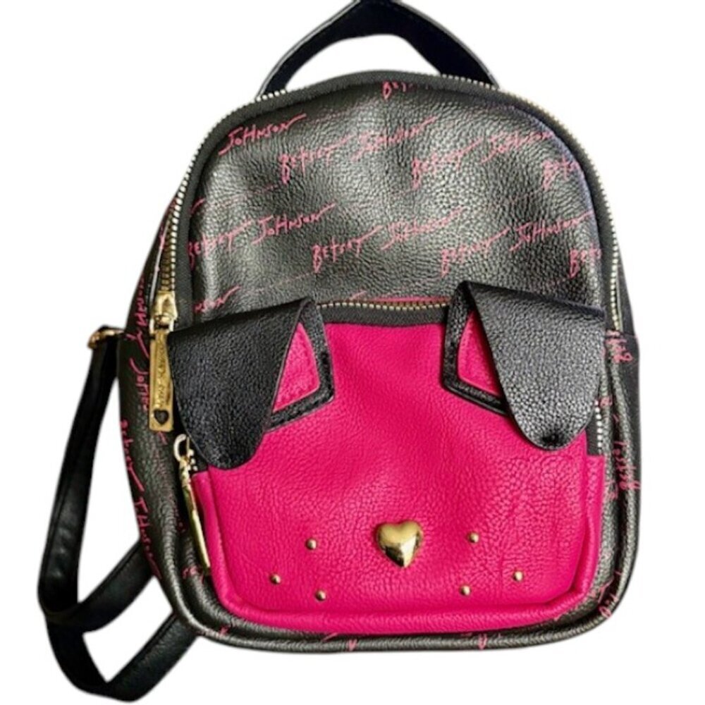 Betsey Johnson Vegan Puppy Dog Backpack 8" H x 6" W x 3" D - Pink/Black/Gold